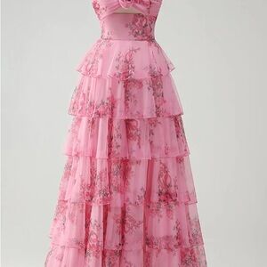 Elegant Pink Floral Tiered Prom Dress